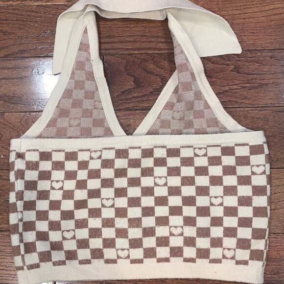 Witty Fox Juniors Collared Halter Cropped Sweater – Beige Check – Size S - Picture 4 of 4